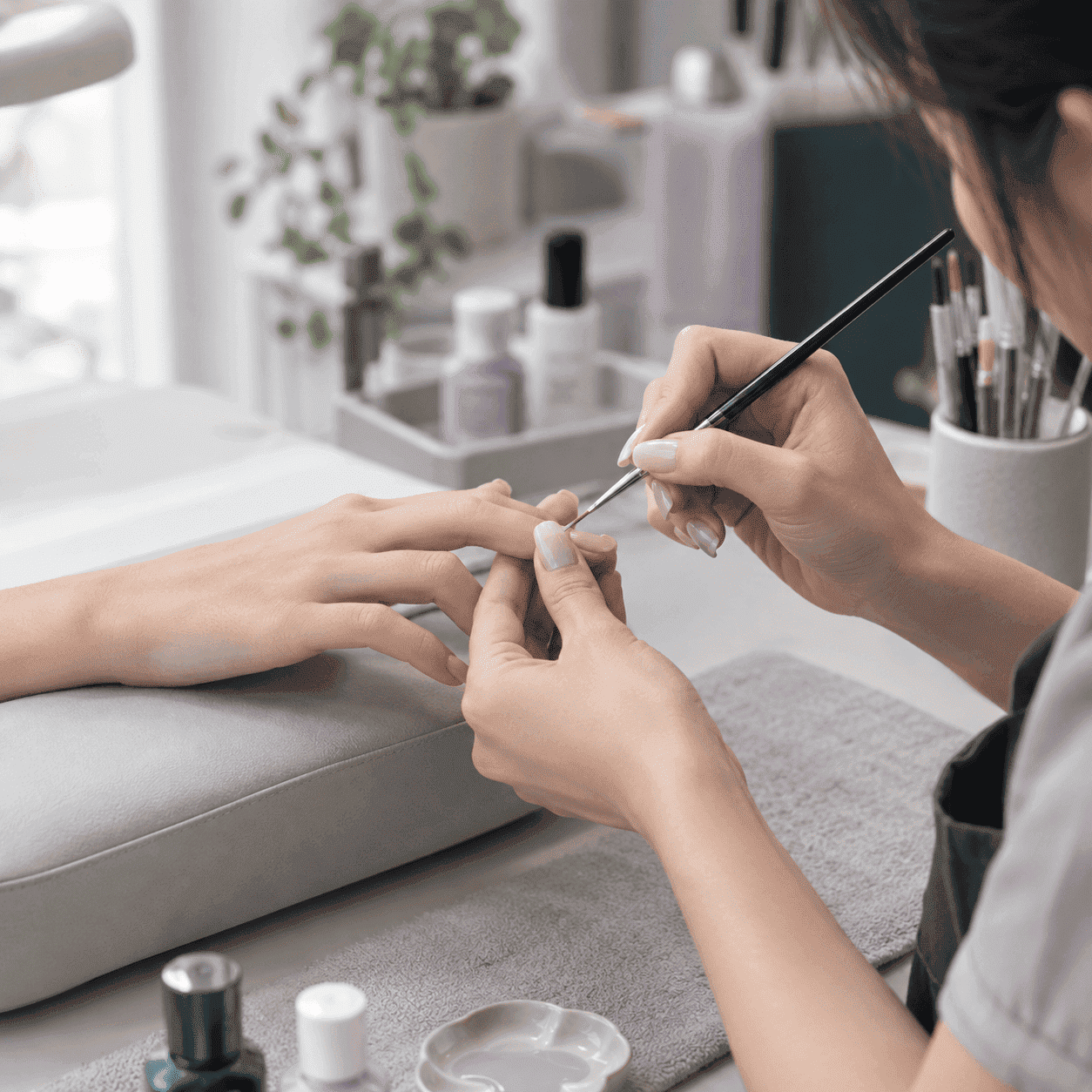 A beauty professional working at a salon bench, hands and tools in close focus