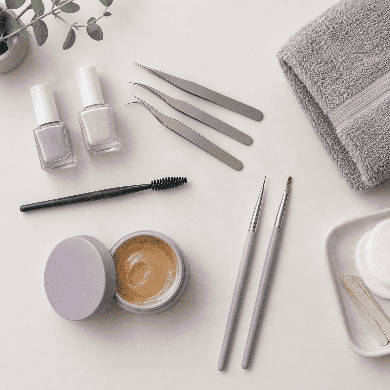 Professional nail, lash, brow and waxing supplies arranged on a pale salon surface